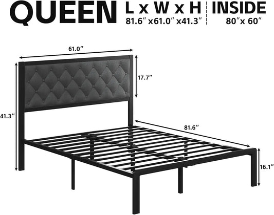 Queen Bed Frame with Headboard Linien Upholstered Bed Frame Platform,All Metal Slats Support Platform Bed Frame