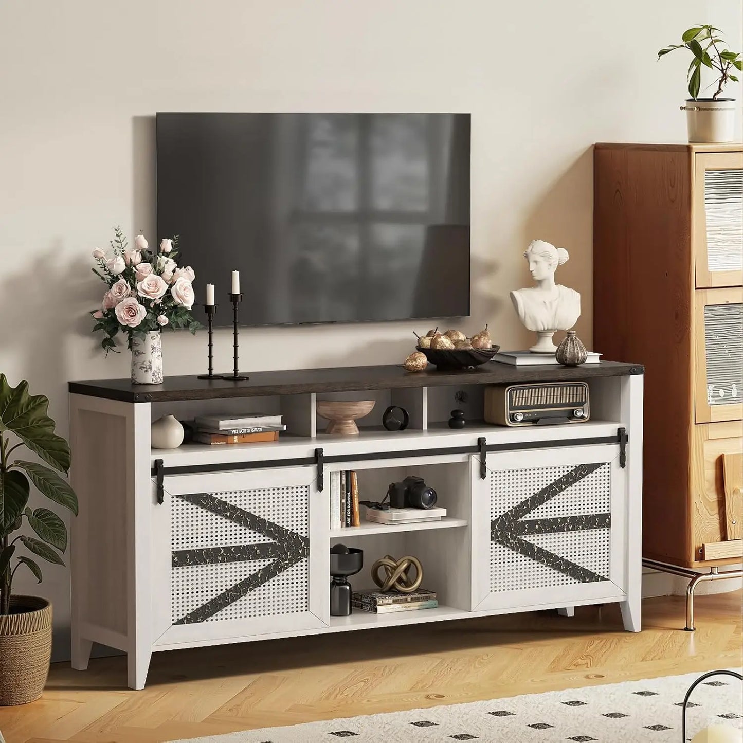 70 Inch TV Stand for TVs up to 70", Rustic Farmhouse Media Console with Sliding Barn Doors,Entertainment Center for Living Room