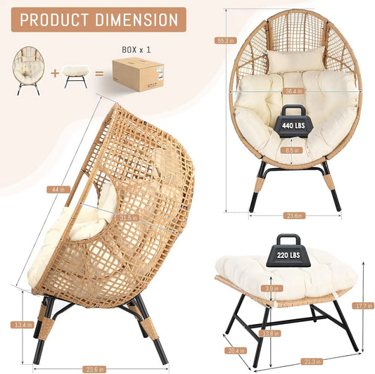 Egg Chair with Footrest, Wicker Patio Lounger with Ottoman, Oversized Rattan Egg Shaped Chair with Leg for Indoor Outdoor