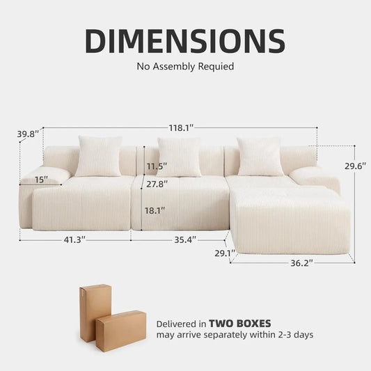 118" Boneless Couches for Living Room, Modular Cloud Sectional Couch with L-Shape Chaise, Modern Upholstered Sofa with Deep Seat