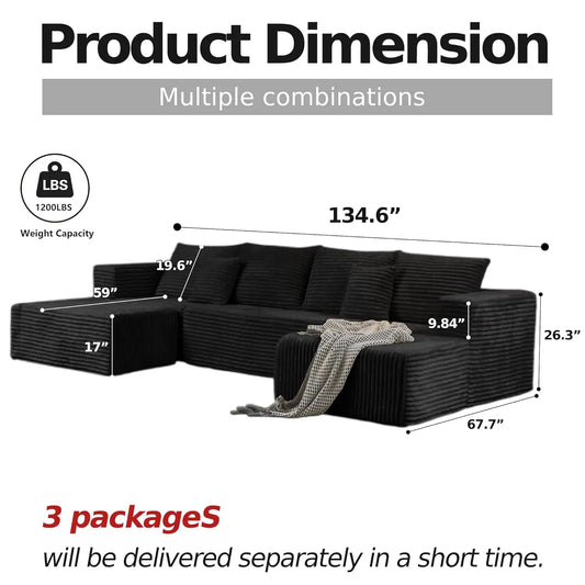 134.6''Sectional Sofa Couch for Livingroom,U-Shaped Boneless Couch with Chaise and Pillows,Modern Modular Corduroy Sofa,4-Deep S