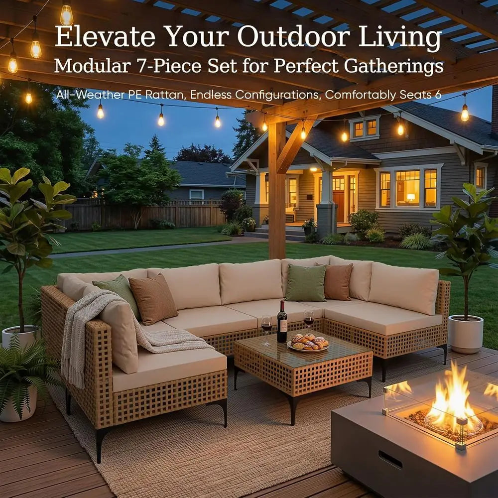 7-Piece Outdoor Sectional Sofa Set with Rattan Seating, Coffee Table, and Ottoman for Patio, Deck, or Poolside