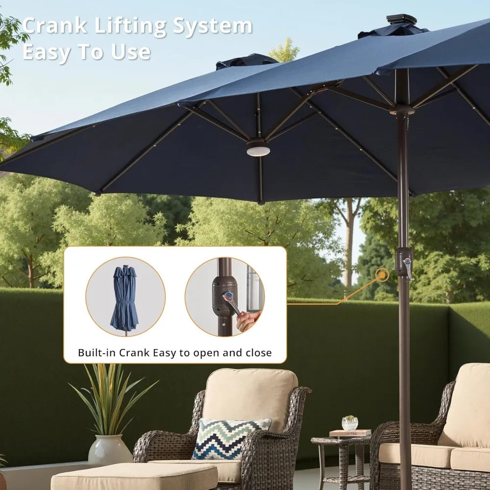 15ft Large Patio Umbrellas with Base & Solar Lights,Outdoor Rectangle Double-Sided Market Umbrella with Stand & 38 LED Lights,Ou