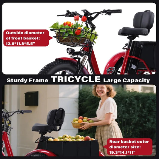 48V500WElectric Tricycle for Adults Brushless Motor Folding Trike Ebike Folding E-Tricycle with Large Basket and Lithium Battery
