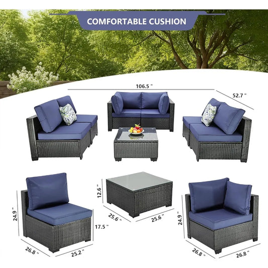 7 Pieces Outdoor Patio Furniture Sets, PE Rattan Wicker Patio Conversation Set with Tea Table (2BLACK/BL, B/ZB)