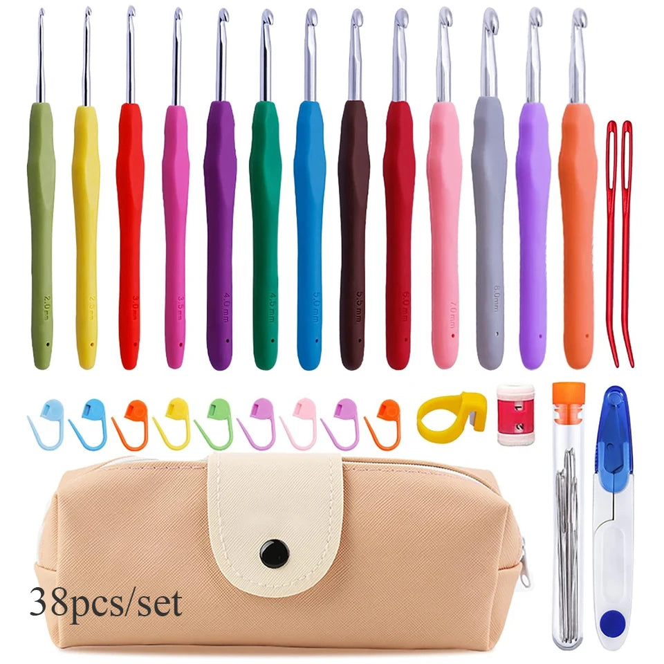 Crochet Hooks Kit with Storage Bag Ergonomic Knitting Needles Blunt Needles Stitch Marker Hand Knitting Craft Art Tools