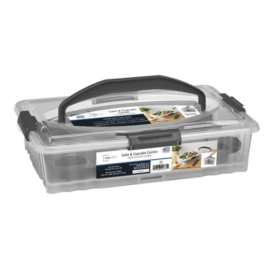 Rectangular Dessert Carrier Clear Plastic with Dark Gray Handle Secure Clasps Slice and Serve Utensil Stackable Food Storage