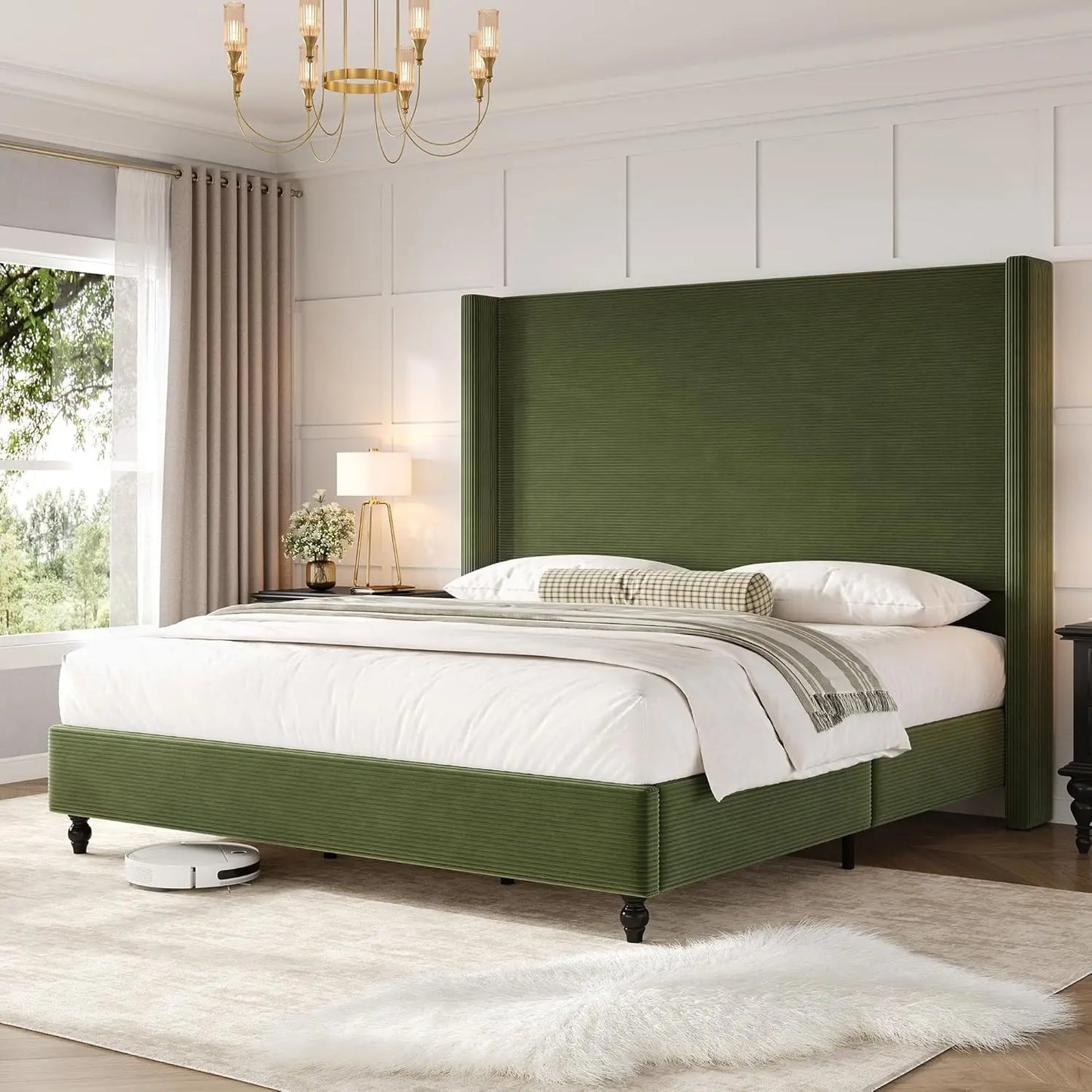 King Size Bed Frame With 65" Tall Headboard, Upholstered Corduroy Bed Frame With Wingback, Platform Bed With Solid, Customized
