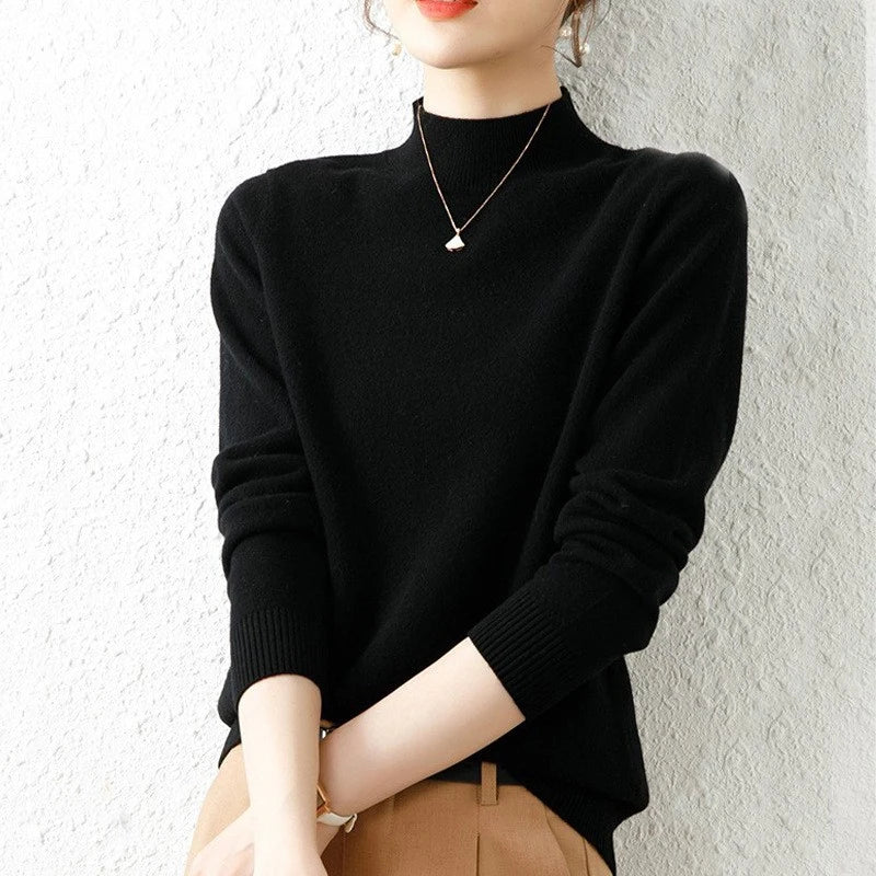 New Half Turtleneck Basic Women Sweater Fashion Pullover Long Sleeve Knitted Loose Top Jumper Casual Solid Simple Autumn Clothes
