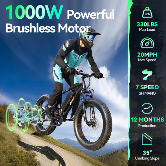 1000W Motor Electric Bicycle, 48V 13Ah Removable Battery, 26MPH, 50 Miles Electric Bike, 24*4 Inch Fat Tire Snow E-bike