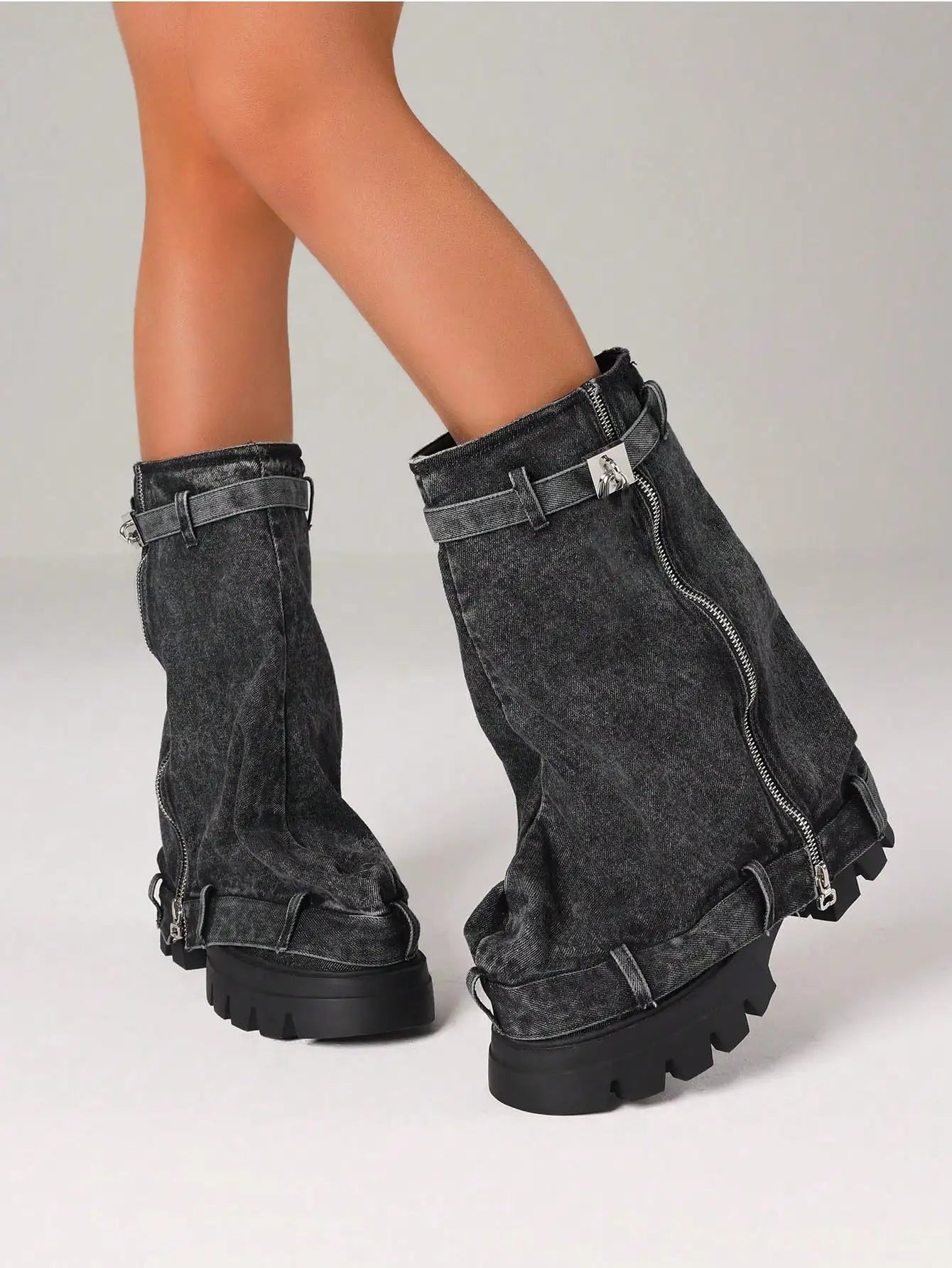 Women'S Y2K Slouchy Fold Over Shark Boots Fashion Punk Side Zipper Platform Chunky Heels Pull On Casual Party Boots Woman