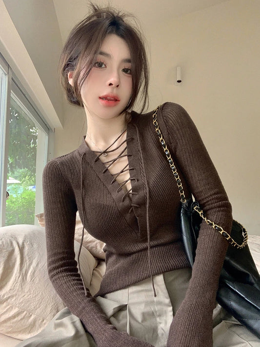Women Lace-up Ribbed Knit Top Long Sleeve Crop Sweater Criss-cross V-Neck Fitted Pullover Teen-girl Sexy Club Fall Winter Outfit
