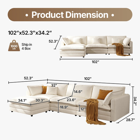102'' Modular Sectional Sofa Beige Couch Cloud Couches for Living Room, L Shaped Couch with Movable Ottoman, Modern Cloud Sectio