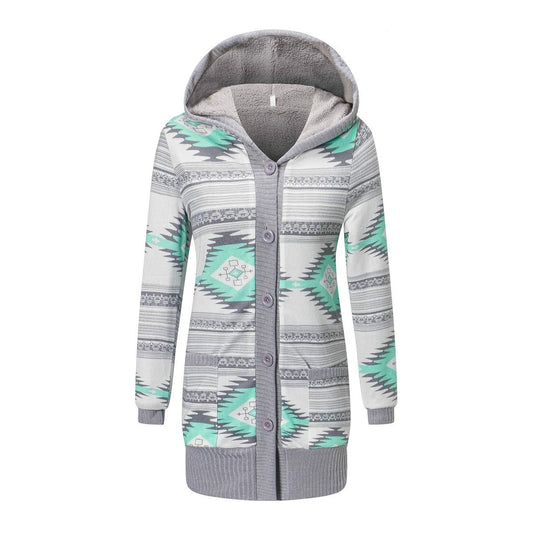 Women Cardigan Striped Print Long Sleeve Sweater Coat Buttons Closure Hooded Plush Lining Sweater Outerwear For Autumn Winter