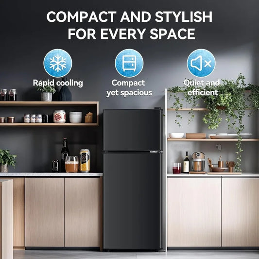 3.6 Cu.Ft Fridge with Freezer, Double Door Refrigerator with 6 Level Thermostat, LED Light, Adjustable Glass Shelves for Bedroom