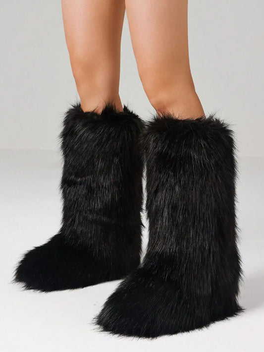 Furry Fluffy Women Snow Boots Warmplush Knee High Flats Luxury Fashion Punk Goth Cosplay Women Winter Shoes