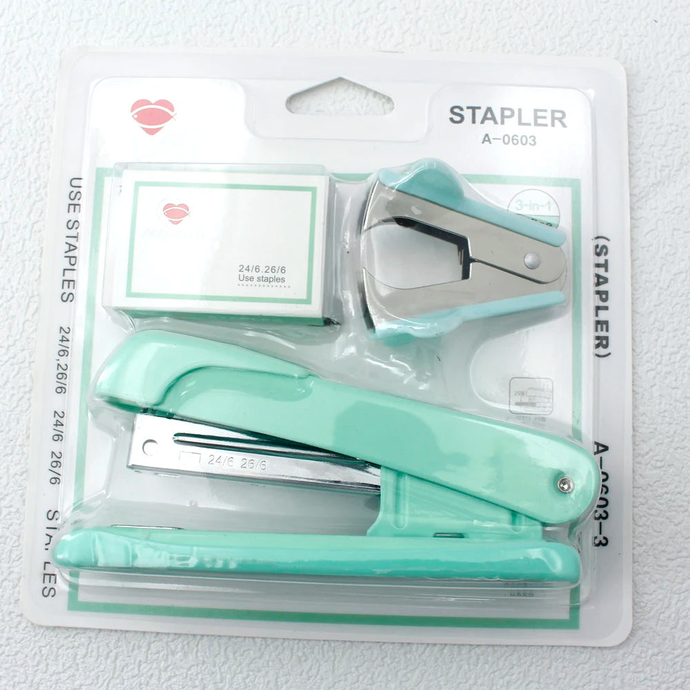 Stapler, staple remover, and staple set - a handy and stylish desktop stapler, perfect for home office use.