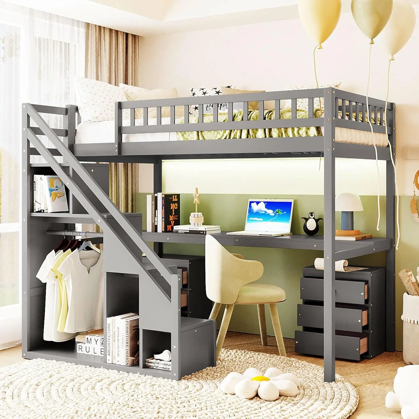 Solid Wood Loft Bed with L-Shaped Desk, Twin Loft Bed with Storage Drawers and Cabinets, White, Customized