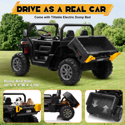 24V Ride on Dump Truck, 2 Seater Kids UTV Electric Car w/2.4G Remote Control, 4 Wheeler, Bluetooth Music, LED Lights, 24 Volt Ba