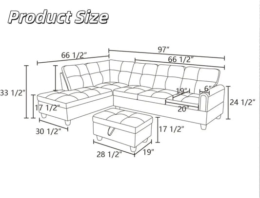 Blue L-Shaped Sectional Sofa with Movable Chaise & Storage Ottoman, Modular Convertible Couch for Living Room