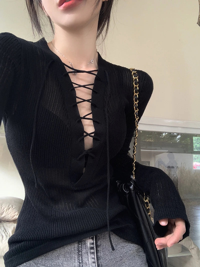 Women Lace-up Ribbed Knit Top Long Sleeve Crop Sweater Criss-cross V-Neck Fitted Pullover Teen-girl Sexy Club Fall Winter Outfit