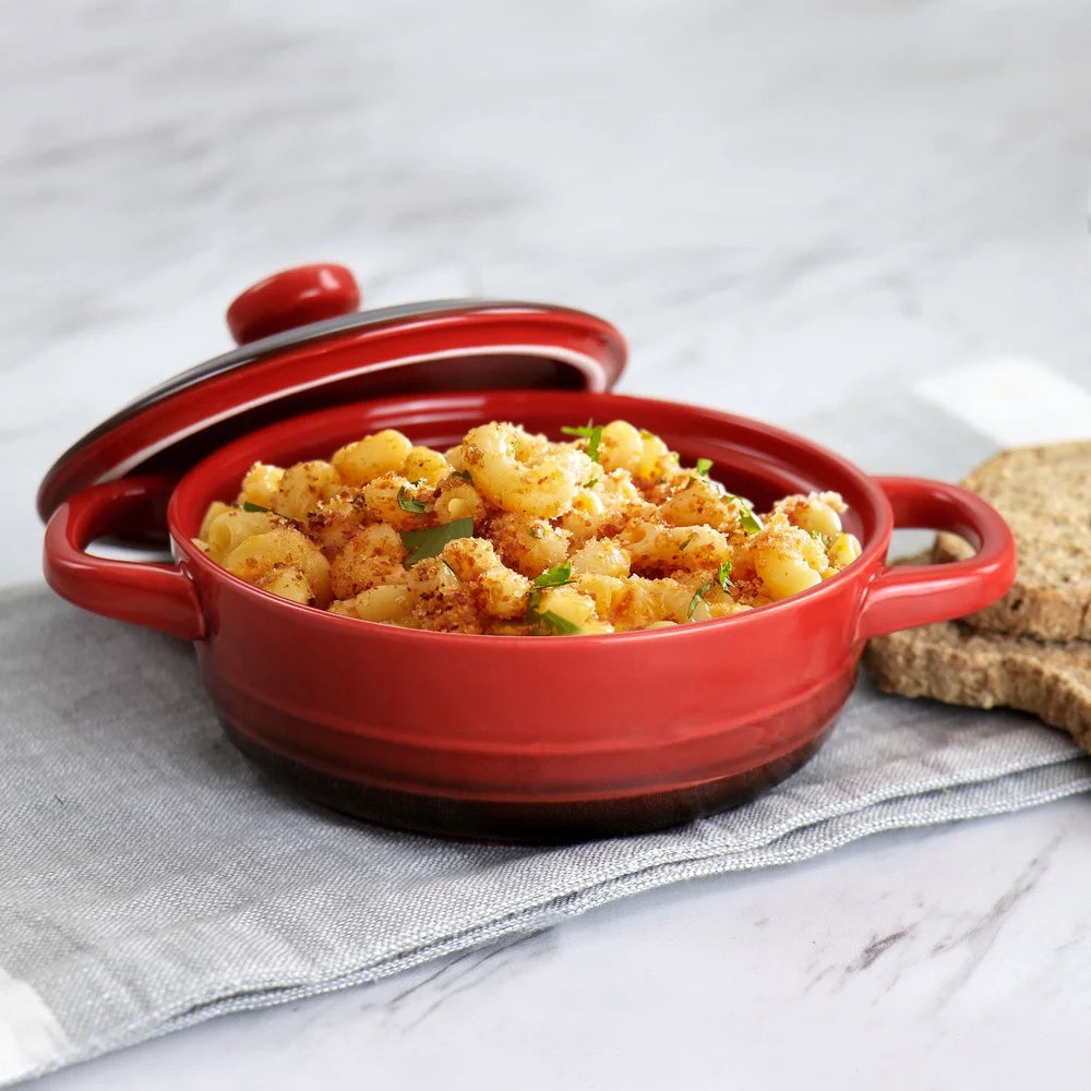 Mini Casserole Baker Stoneware Dish Gradient Red Oven Safe Great Side Dishes Desserts Durable with Lid Integrated Handles