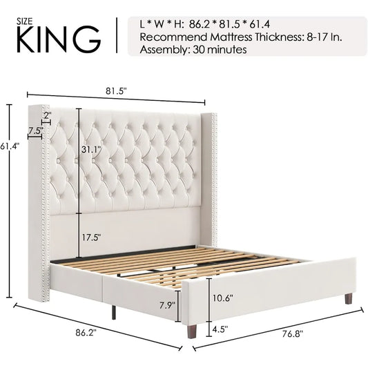 King Platform Bed Frame 61.4" Handmade Headboard Velvet Tall Upholstered Bed Deep Button Tufted