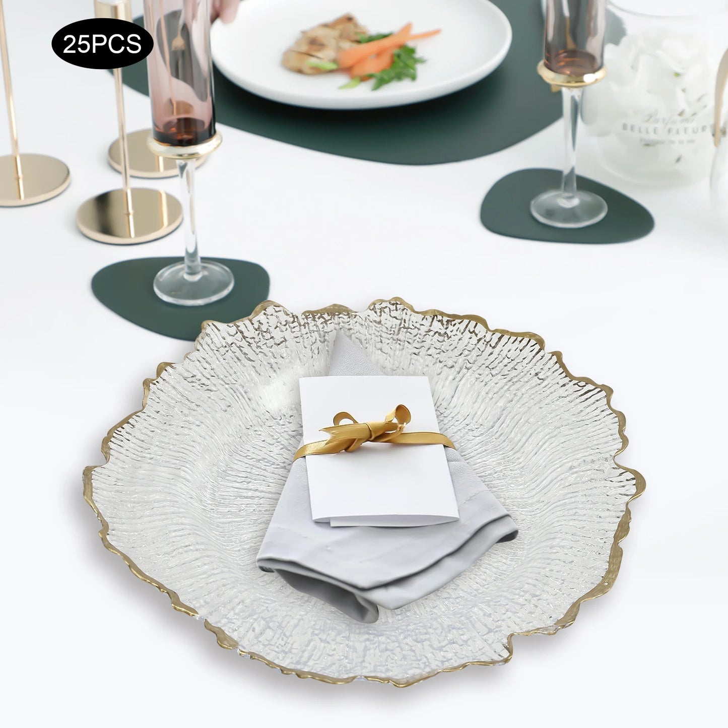 25 Pcs Clear Gold Flower Charger Plates Table Dinner Plates Hot Stamping Sturdy Easy Clean For Family Party Business