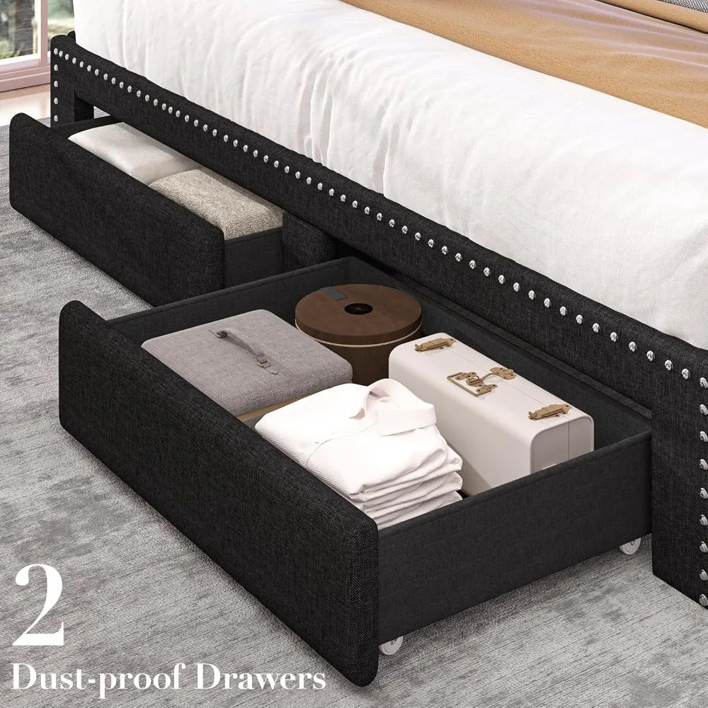 Queen Bed Frame with LED Lights, Storage Drawers & Charging Station, Upholstered Platform, No Box Spring Needed