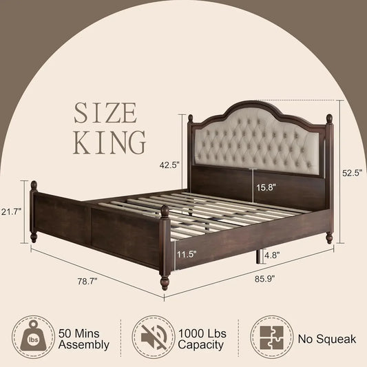 Solid Wood Bed Frame Queen Size, Transitional Platform Bed with 52.5" Upholstered Tufted Headboard, Rubberwood/Roman Column