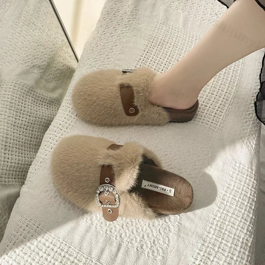 Winter Warm Plush Slippers for Women Closed Toe Faux Fur Cotton Shoes Woman Fashion Buckle Lightweight Flat Mules Shoes 2025