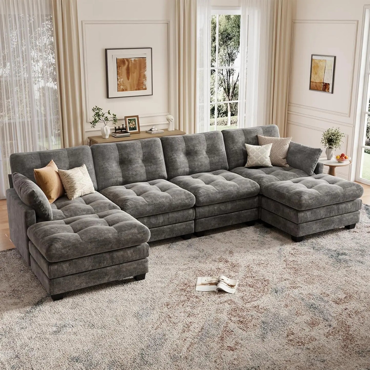 Cloud Couch Modular Sectional U Shaped Sofa with Movable Ottoman Comfy Chenille Living Room Furniture Customized
