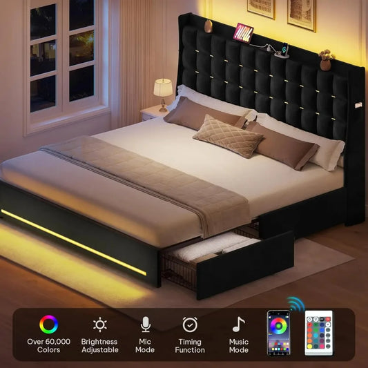 LED Queen/king Bed Frame with 4 Drawers Velvet Upholstered Platform Bed, No Box Spring Needed, Easy Assembly