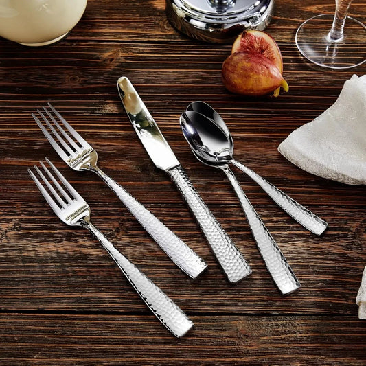 Hammered 18/10 Stainless Steel Silverware Set with Squared Edge, 20/45/65 Pieces, Serving 4 to 12 Guests, Elegant Dining