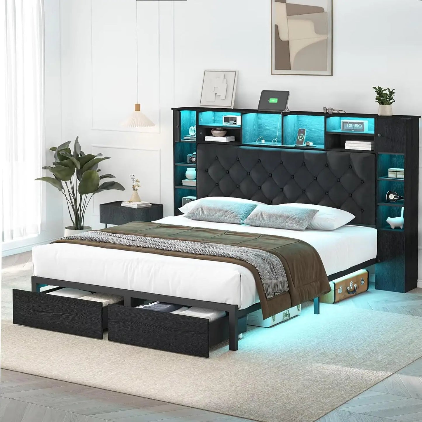 Queen Bed Frame with Bookcase Headboard and Storage Drawers, 51.2" Metal Platform Queen Size Bed Frame , Black