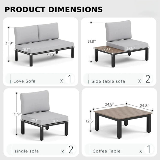 6 Pieces Patio Furniture Set - Outdoor Metal Frame Sectional Sofa Conversation Set with Coffee Table & Removable Cushions for Co