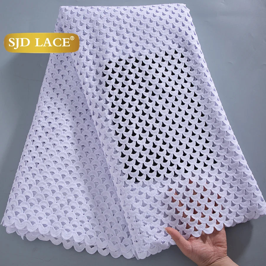 SJD LACE African Sequins Guipure Cord Lace Fabrics 5 Yards White 2025 New Nigerian Water Soluble Lace For Women Dresses Sew 4197