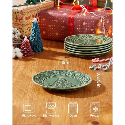 8 Inch Green Ceramic Christmas Tree Salad Plates Set for Holiday Meals Ideal for Pasta Side Dishes and Desserts Dishwasher and