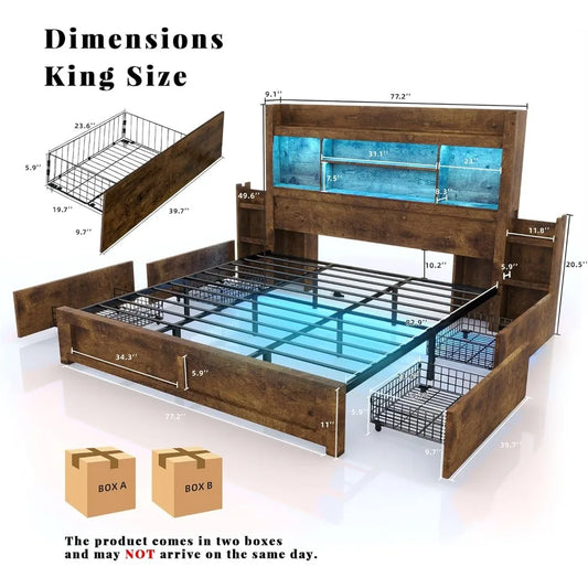 King Bed Frame with 49.6 Bookcase Headboard & 2 Bedside Stoage Racks & 4 Drawers, Farmhouse Wood Bed Frame with RGB LED & Chargi