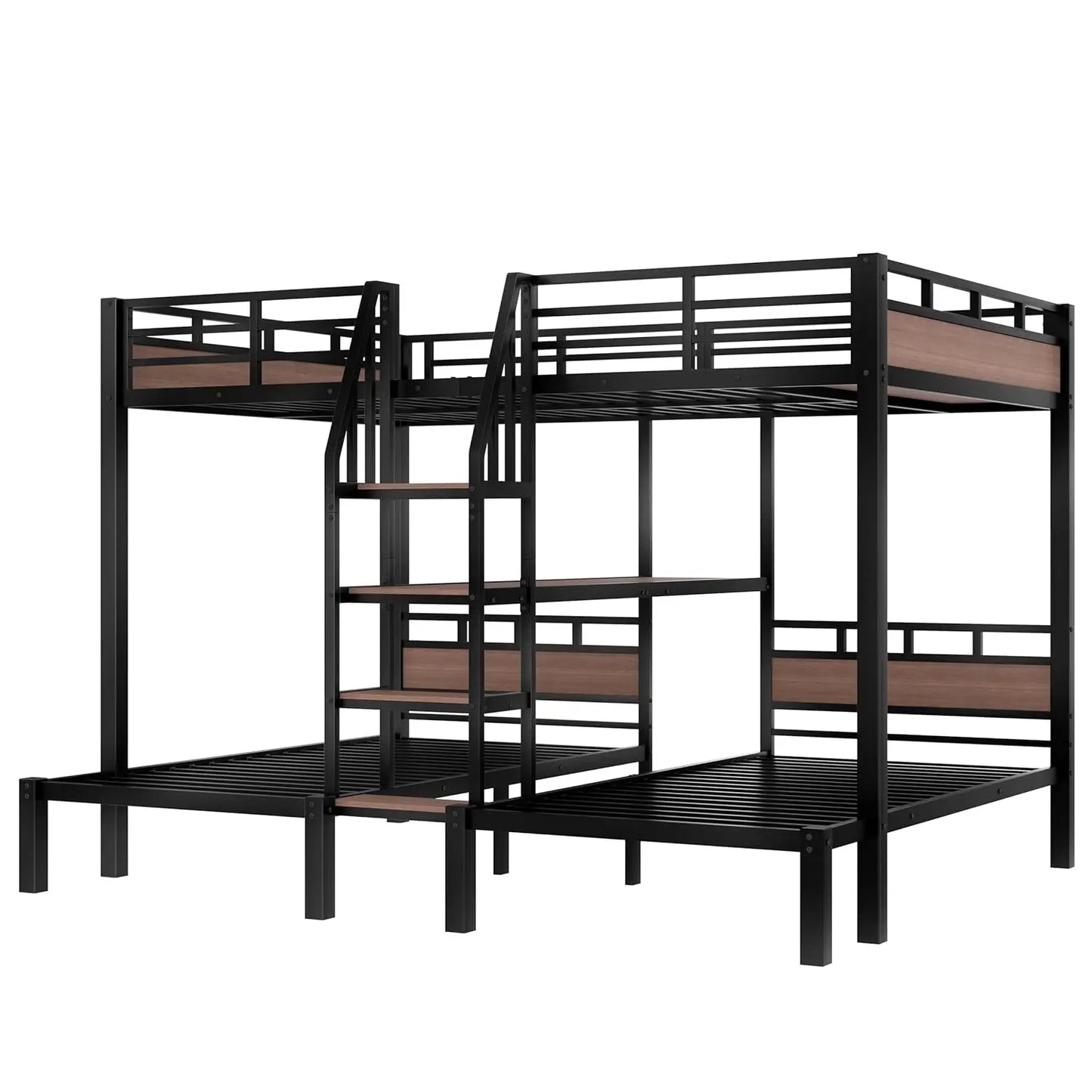 Queen Over Twin Over Twin Metal BunkBed with Storage Stairs and Shelves, 3-in-1 Triple Bunk Bed with Headboard, Space Saving, fo