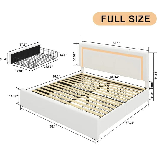 Full Bed Frame with 4 Storage Drawers Adjustable Headboard Upholstered Platform Bed with LED Lights And USB Ports for Bedroom Fu