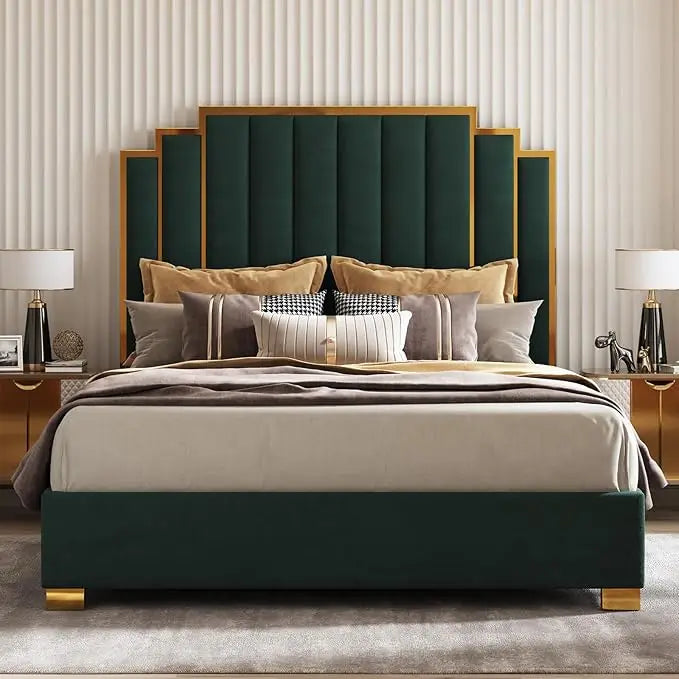 Modern Velvet King Bed Frame with 65.4 High Gold Trim Headboard, No Box Spring RequiredCustomized