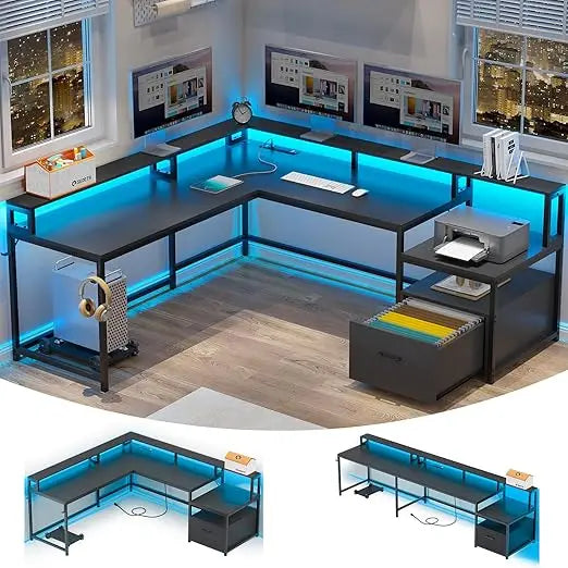 Office Desk with Wood File Drawer & Power Outlet,Gaming Desk with Led Lights,Corner Computer Desk with Monitor Shelf,Customized