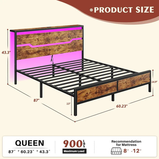 Bed Frame with Headboard,Bed Frame Queen Size with LED Lights & Charging Station & 13" Under Bed Storage, All-Metal Support