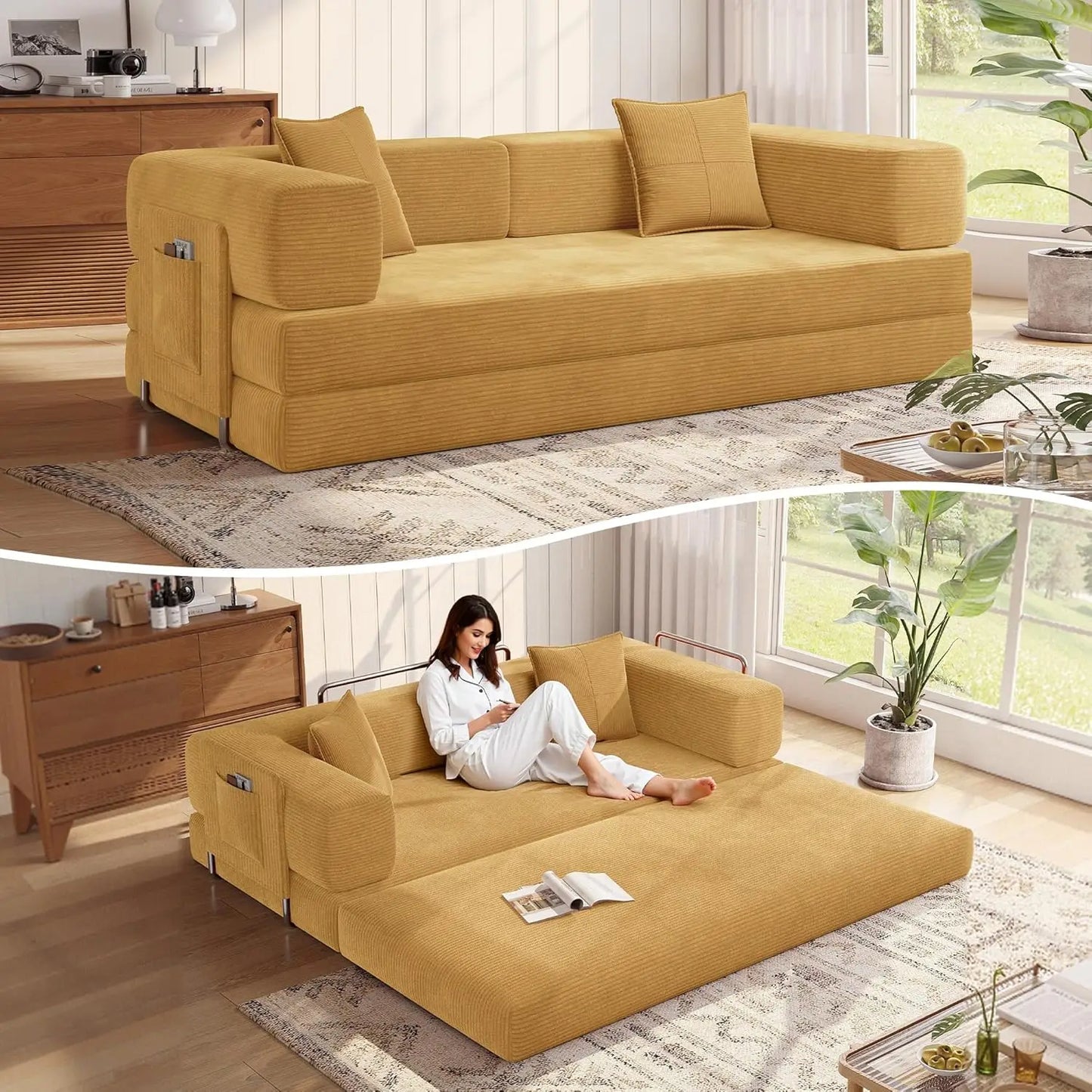 78.8''Sleeper Couch Bed for Livingroom,Convertible Modular Sofa with Armrest Pillow,Modular Fldable Corduroy, Customized