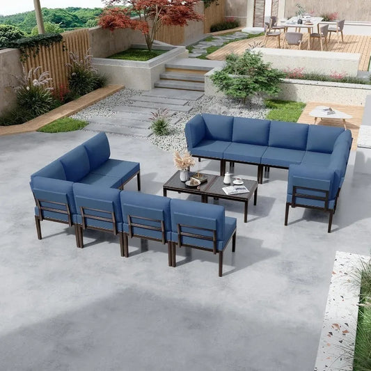 Garden Furniture 14-Piece Patio Furniture Set Metal Conversation Sectional Set with Coffee Table and Thick Cushion Modern Style