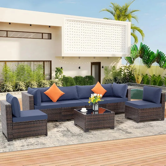 7 piece outdoor wicker patio furniture set, rattan sectional sofa couch, patio conversation set with cushion & coffee table, fo