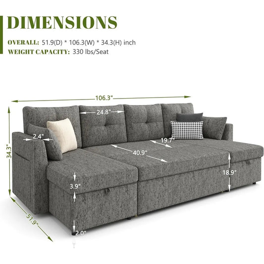 Oversized Sleeper Sofa Couch, 110 inch 2 in 1 Pullout Couch Bed with Double Storage Chaise, Sectional Sleeper Sofa Bed with Side
