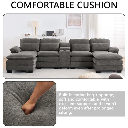 124" Luxury Modern Modular U-Shaped Sectional Sofa, 4-Seater Chenille Cloud Couch w/ Storage Console, Cup Holders & Pillows