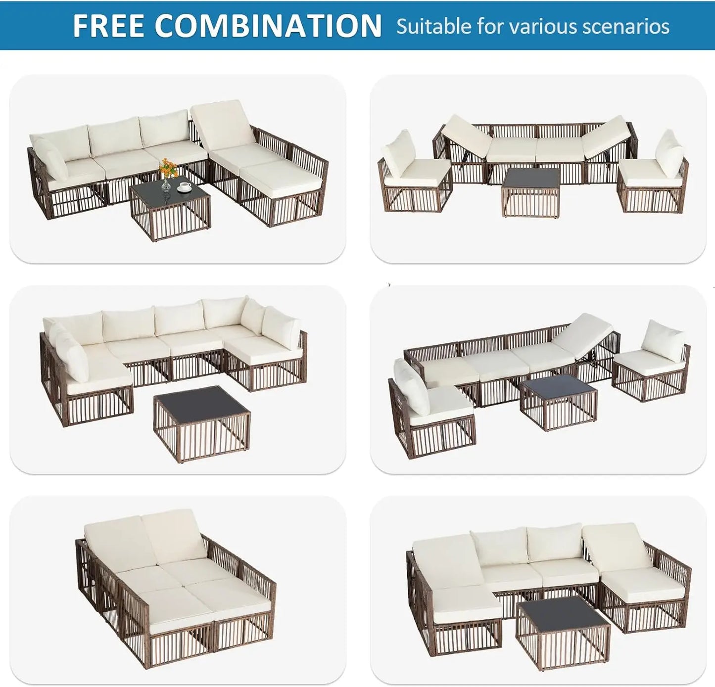 7 Pieces Outdoor Patio Furniture Set, Wicker Outdoor Sectional Conversation Couch Set with Adjustable Backrest Sofa